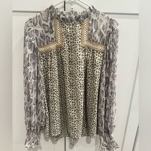 JODIFL Leopard Print Blouse with Sheer Patterned Sleeves
